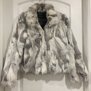 Adrienne Landau Grey and White Rabbit Fur Waist Length Women’s Medium Coat